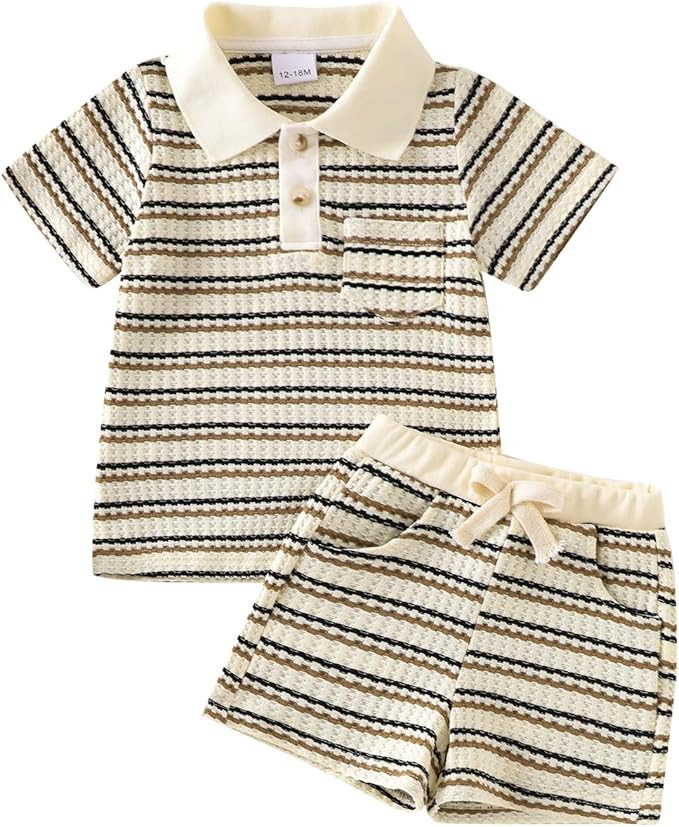 Toddler Boy Clothes Baby Summer Outfits Short Sleeve Striped Collared Tops and Shorts Set 12 Mont... | Amazon (US)