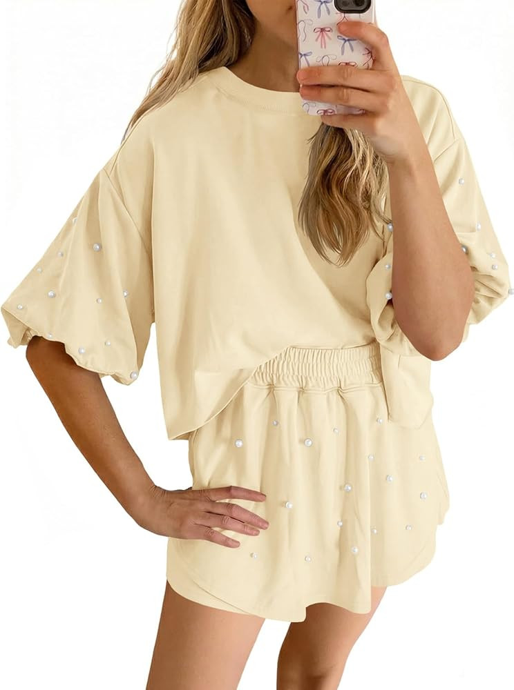 Fisoew Womens Summer Lounge Shorts Sets 2 Piece Outfits Decor Pearl Short Puff Sleeve Sweatshirt ... | Amazon (US)