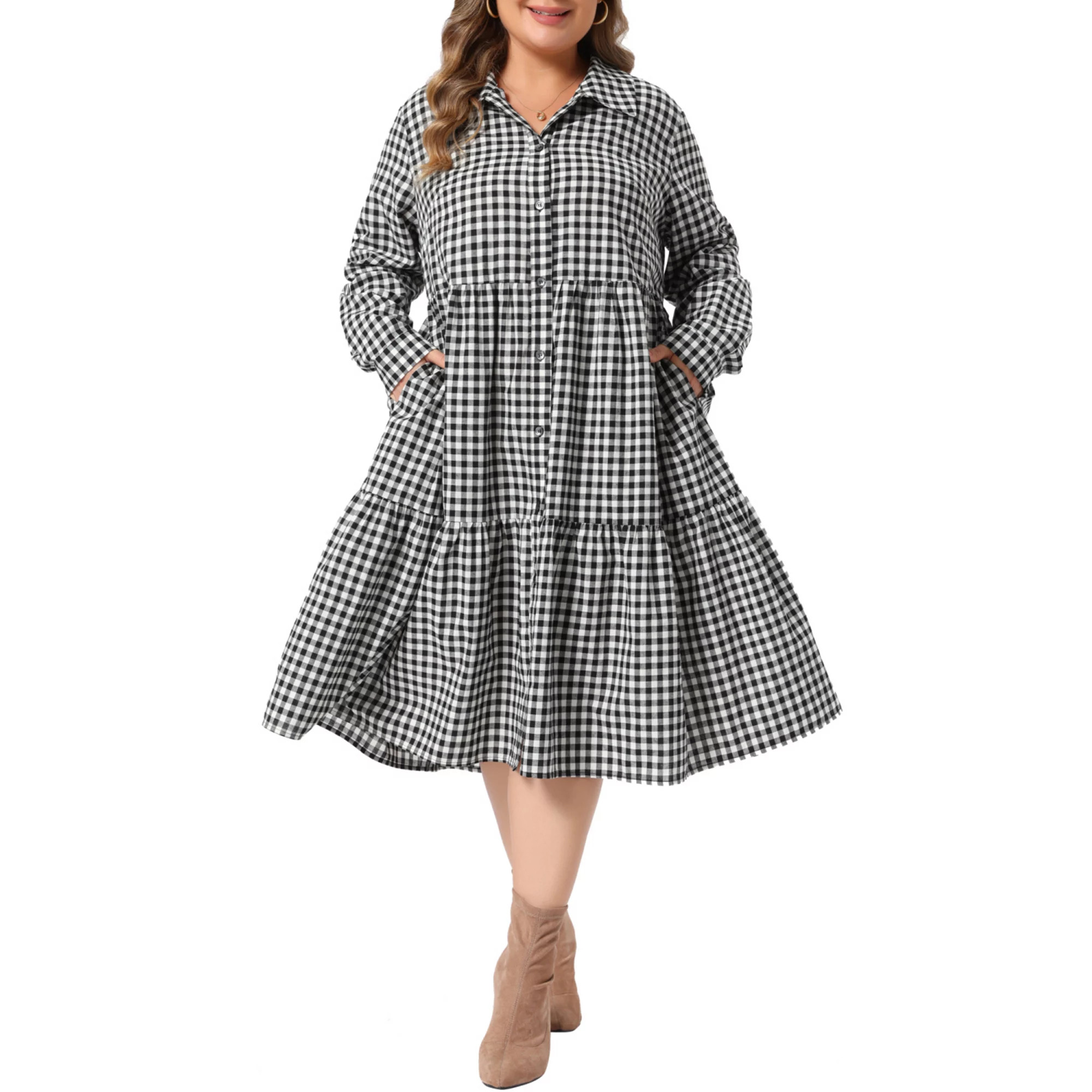 Women's Plus Size Gingham Dress Long Sleeve Collared Button Dwon Vintage Plaid Tiered Midi Dress | Kohl's
