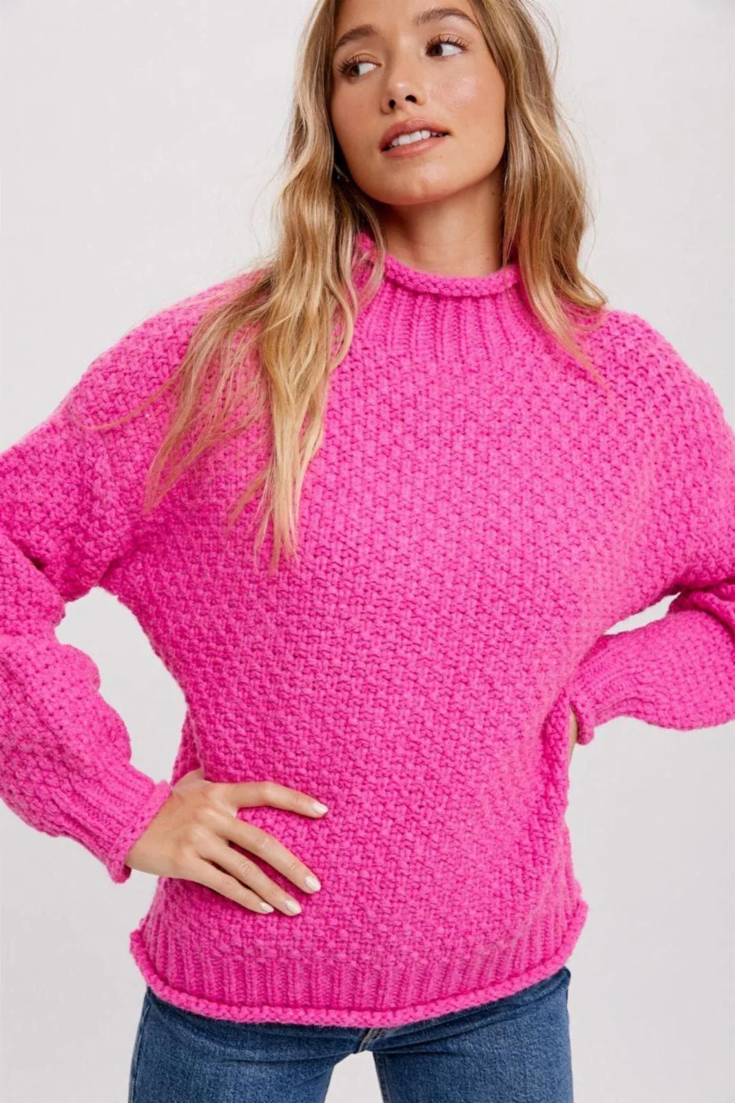 Fuchsia Chunky Knit Mock Neck Sweater | PinkBlush Maternity
