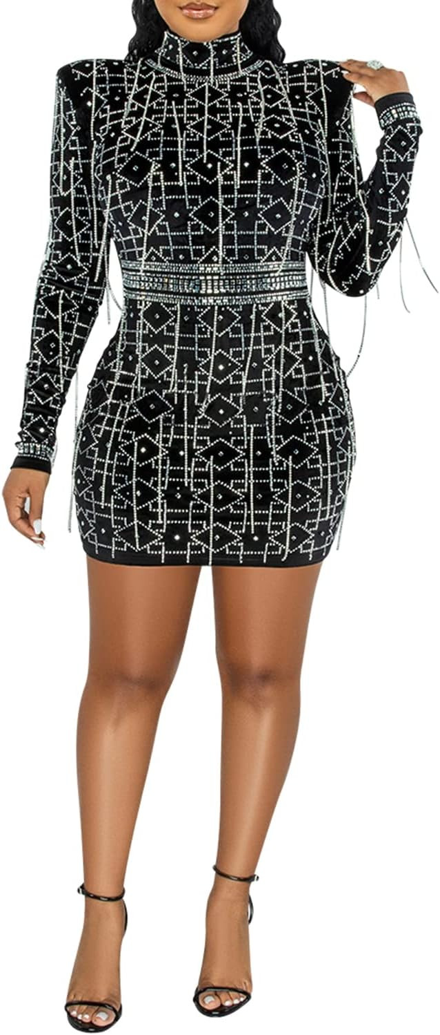 PORRCEY Women's Sexy Elegant Rhinestone Long Sleeve Mesh See Through Birthday Party Club Night Mi... | Amazon (US)