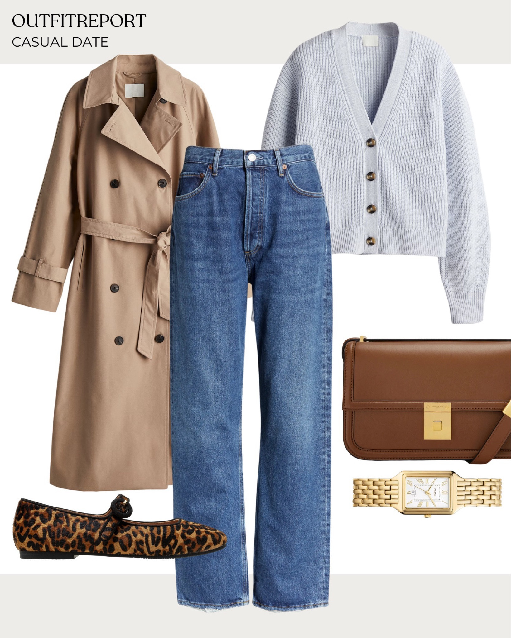 Brown trench coat jacket grey cardigan blue denim jeans autumn fall outfits demellier handbag gold jewellery watch and leopard ballerina flats 

#LTKshoes #LTKstyletip #LTKautumn