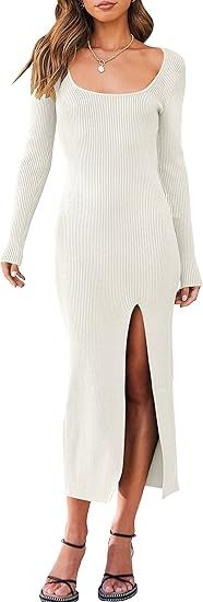 ANRABESS Women's Long Sleeve Square Neck Slit Bodycon Sweater Dress Ribbed Knit Slim Fit Maxi Lon... | Amazon (US)