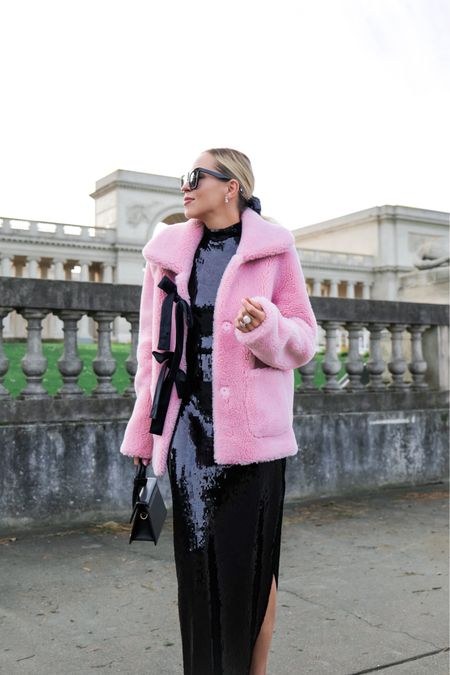 Cold weather chic 
Mme.mink. Express. Maxi sequin dress. Teddy bow jacket  

#LTKstyletip #LTKsalealert #LTKshoecrush