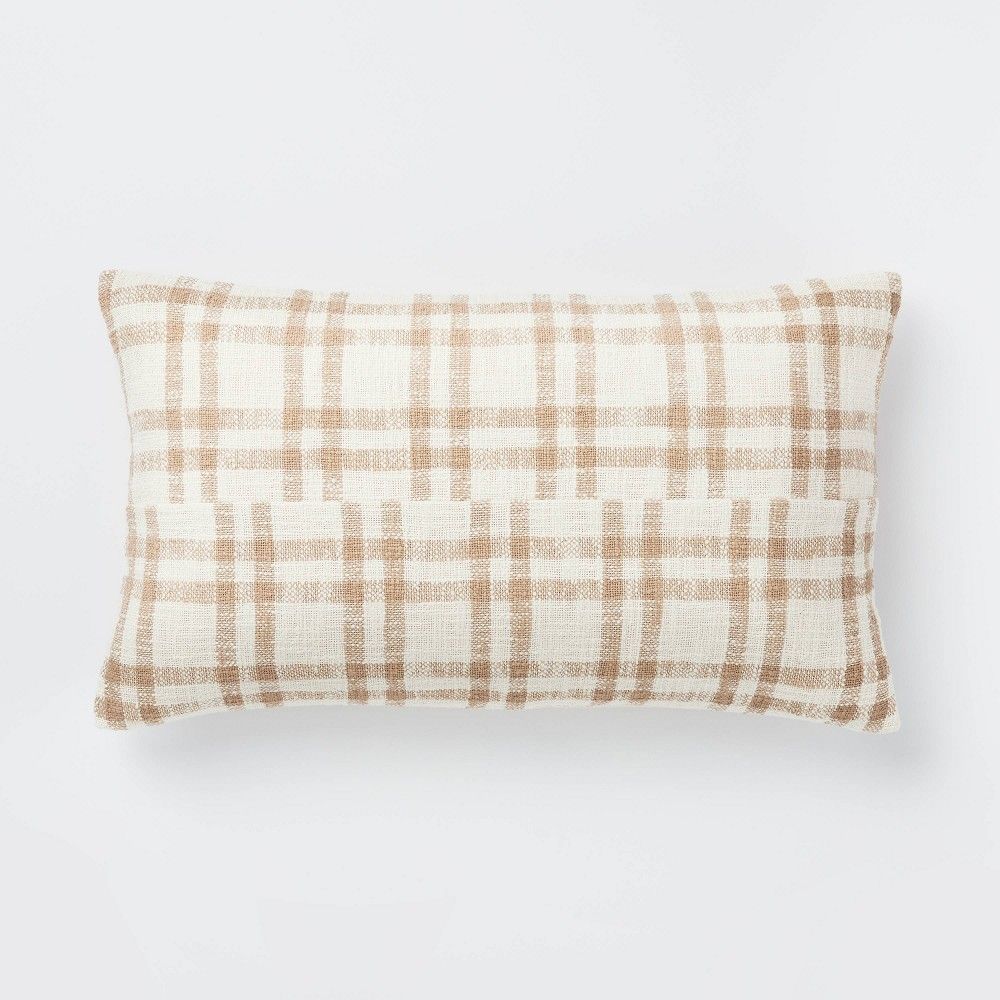 Oversized Woven Plaid Lumbar Throw Pillow with Exposed Zipper Brown/Cream - Threshold™ designed with | Target
