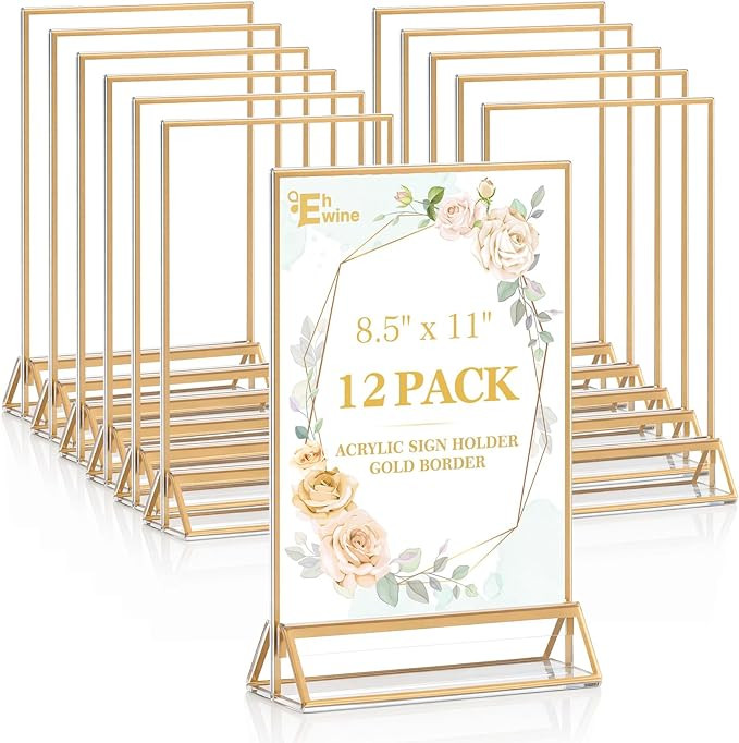EHWINE 12 Pack Acrylic Sign Holder 8.5 x 11, Double Sided Gold Picture Frame Stand up Table Top S... | Amazon (US)