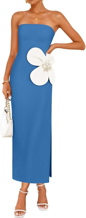 ZESICA Women's Summer Strapless Bodycon Maxi Dress 2025 Ribbed Knit Backless Floral Tube Cocktail... | Amazon (US)