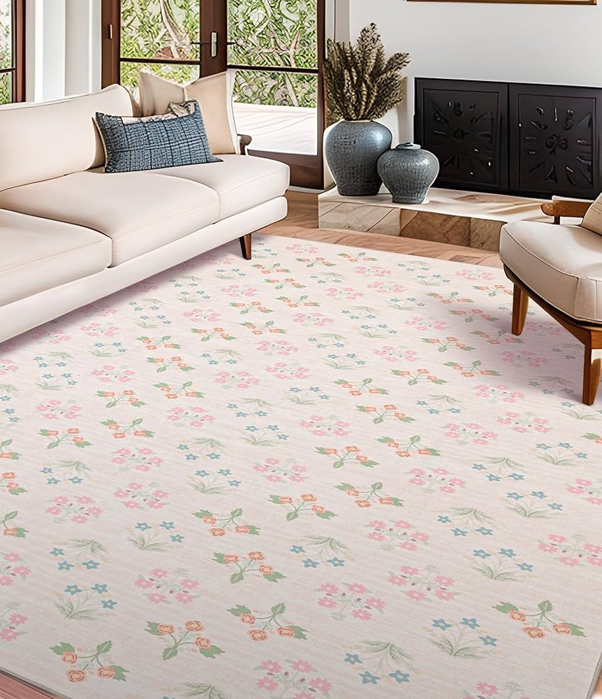 YIHOUSE Pink Floral Washable Area Rug 6'x9'- Large Colorful Living Room Rug Ultra-Thin Non-Slip A... | Amazon (US)
