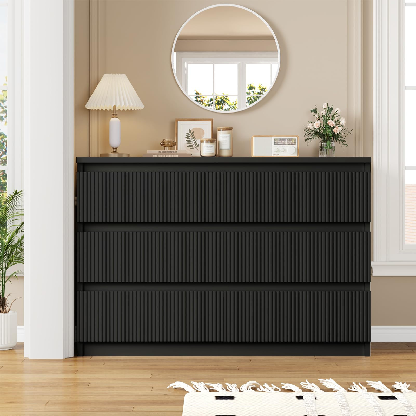 6 Drawer Dresser Black Modern Fluted Tall Wooden Chest Double Dresser for Bedroom, Living Room, C... | Amazon (US)