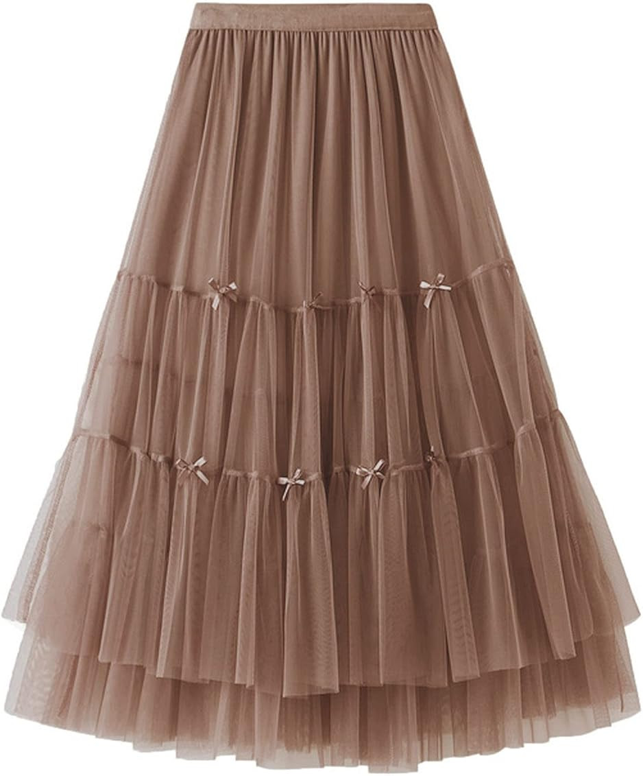 LBKKC Women's Midi Tulle Skirt Elastic Waist 3 Layered Mesh Formal Prom Party Tutu Skirt A Line | Amazon (US)