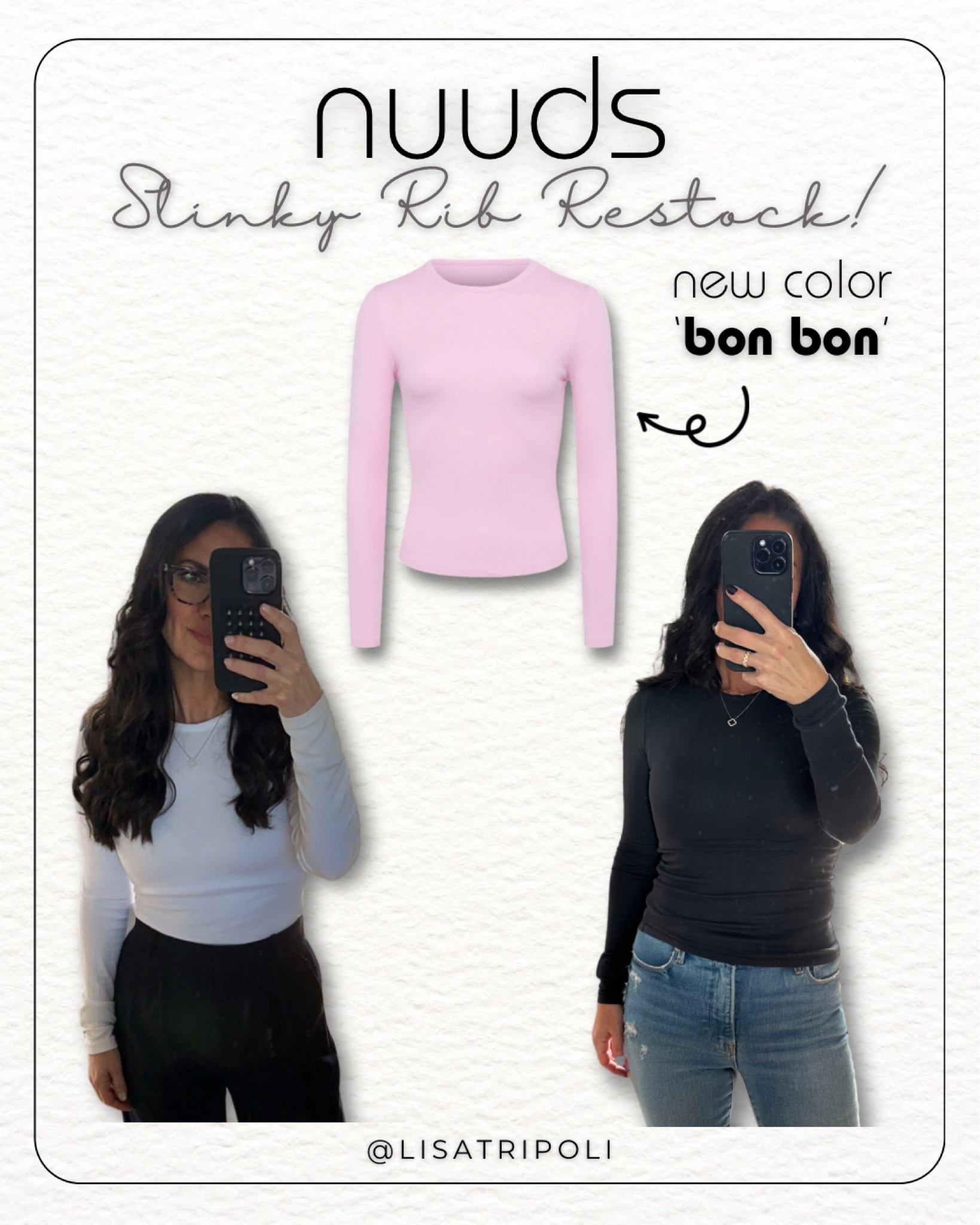 Nuuds Slinky Rib - the most amazing material!! Soft, stretchy and so flattering. 
All core colors and sizes restocking 2/7 at 10am (EST)