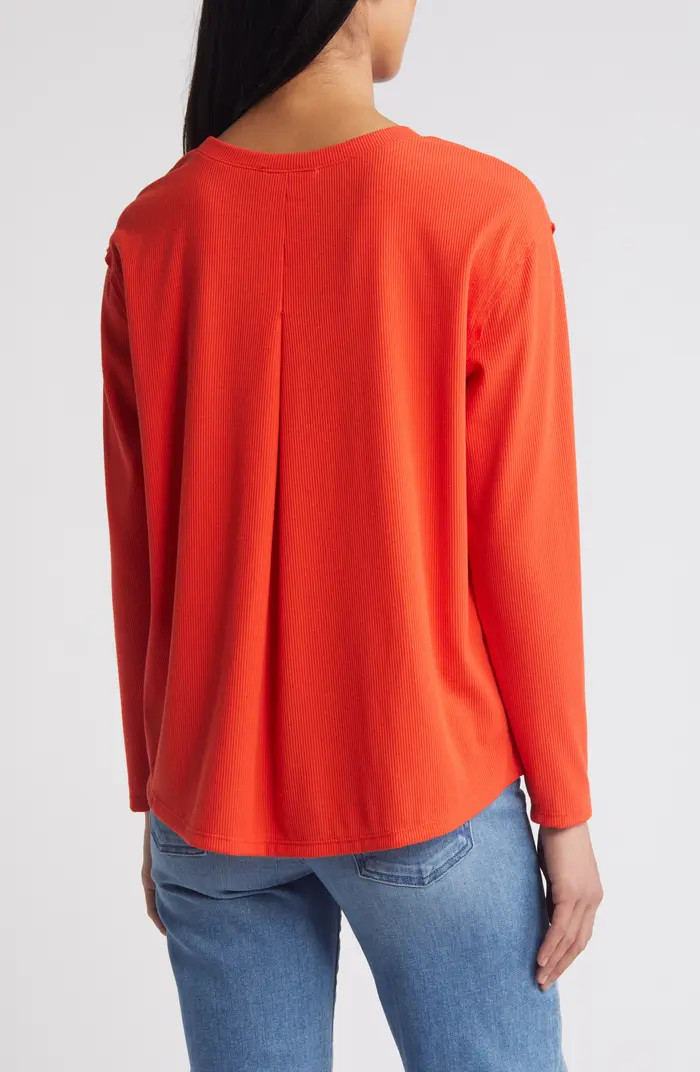 Caslon® Pleat Black Long Sleeve Rib Top | Nordstrom | Nordstrom