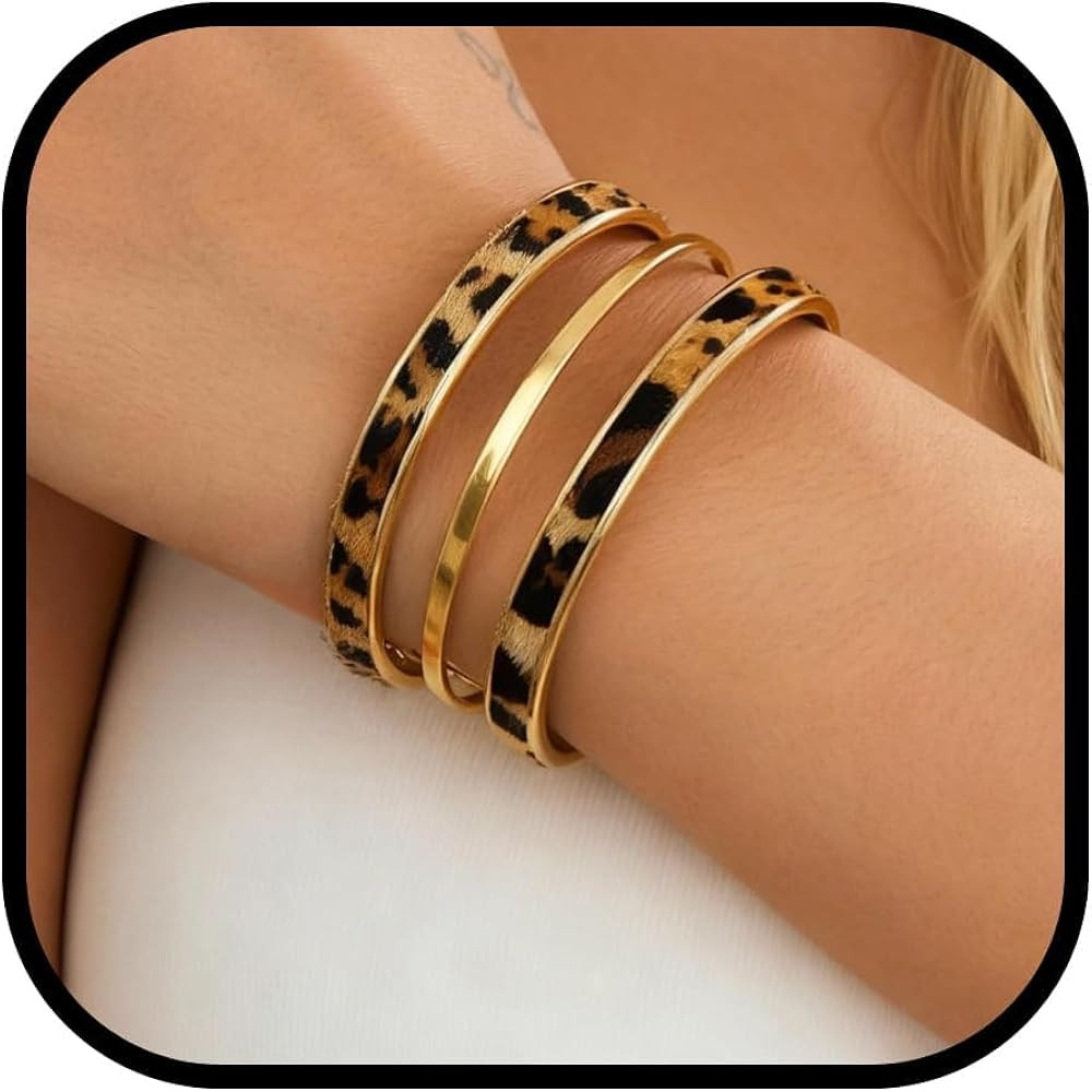 Gold Bangle Bracelets for Women Leopard Print Bracelet Stack Multi Layer Chunky Cuff Bracelet Set... | Amazon (US)