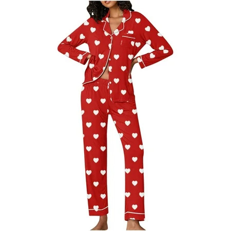 Women s Valentine s Day Pajama Set - Hearts Print Long Sleeve Cozy Loungewear Multiple Sizes Available Holiday Gift Finder | Walmart (US)