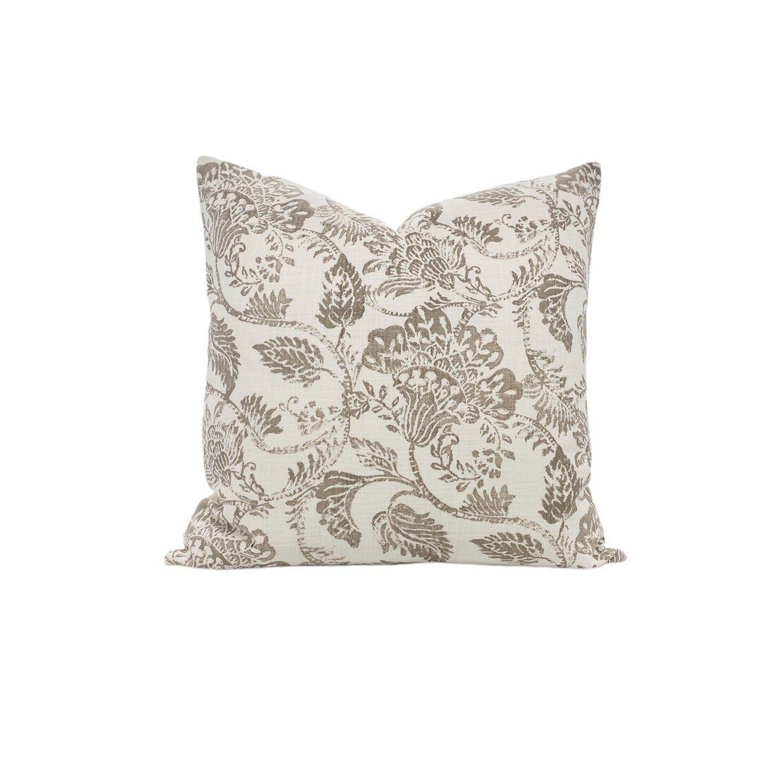 Brown Floral Block Print Pillow Cover - Vintage Distressed Floral Print Accent Pillow Cover - Bro... | Etsy (US)