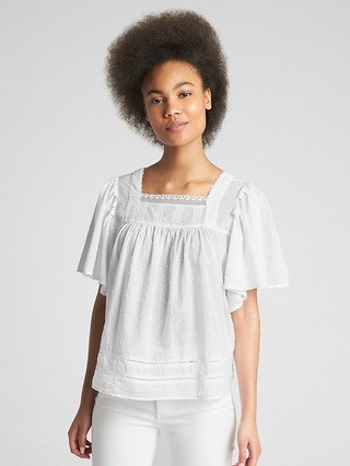 Gap Womens Flutter Sleeve Lace-Trim Smock Top White Size L | Gap US