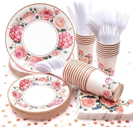 hapray Floral Party Supplies, (Serves 24) Rose Flower Disposable Paper Plates Cups Napkin, Knives... | Amazon (US)