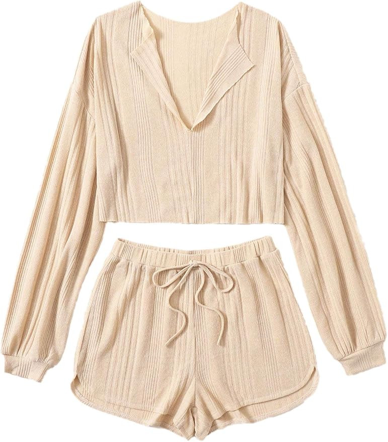 MakeMeChic Women's Solid Long Sleeve Crop Top & Drawstring Waist Shorts 2 Piece Set Apricot XS | Amazon (US)