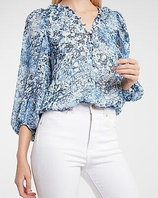 Printed Balloon Sleeve Button Front Top | Express