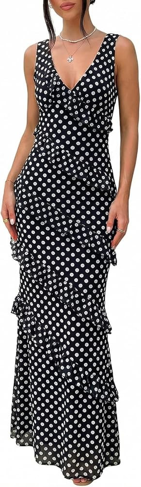 Womens Sexy V Neck Mesh Maxi Cocktail Dresses Elegant Ruffle Backless Bodycon Wedding Guest Party... | Amazon (US)