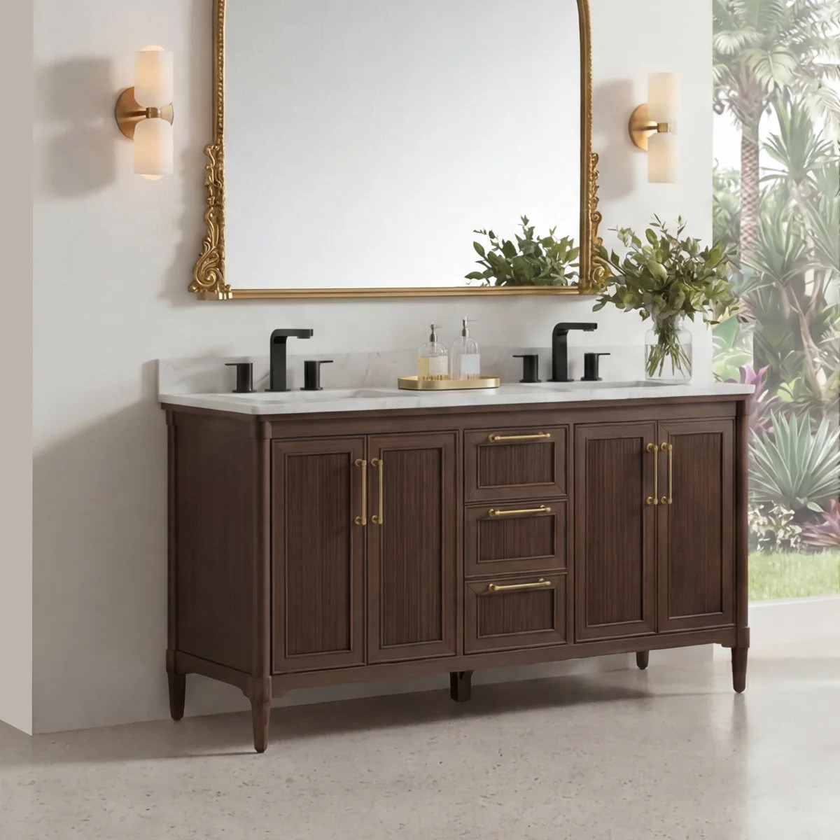60" Freestanding Double Sink Bathroom Vanity with Carrara White Sink Top, Fluted Texture, Fully Assembled | Wayfair North America
