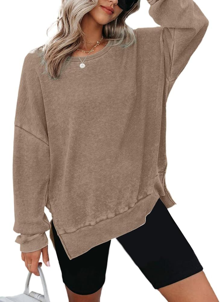 Womens Oversized Waffle Knit Crewneck Sweatshirts Long Sleeve Side Slits Casual Pullover Sweatshi... | Amazon (US)