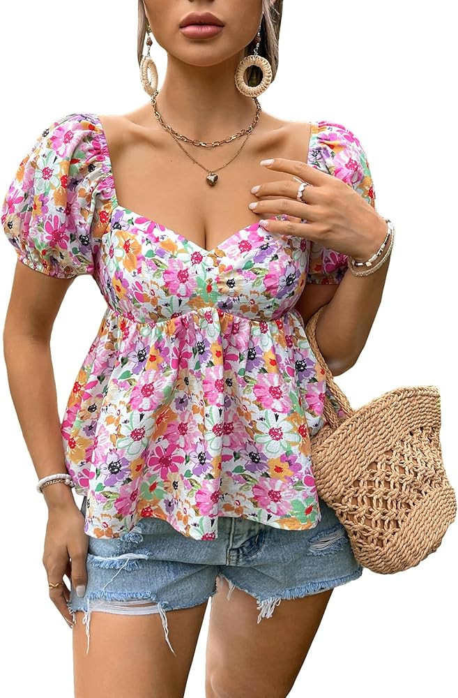 Floerns Women's Allover Floral Print Sweetheart Neck Puff Sleeve Peplum Blouse Top | Amazon (US)
