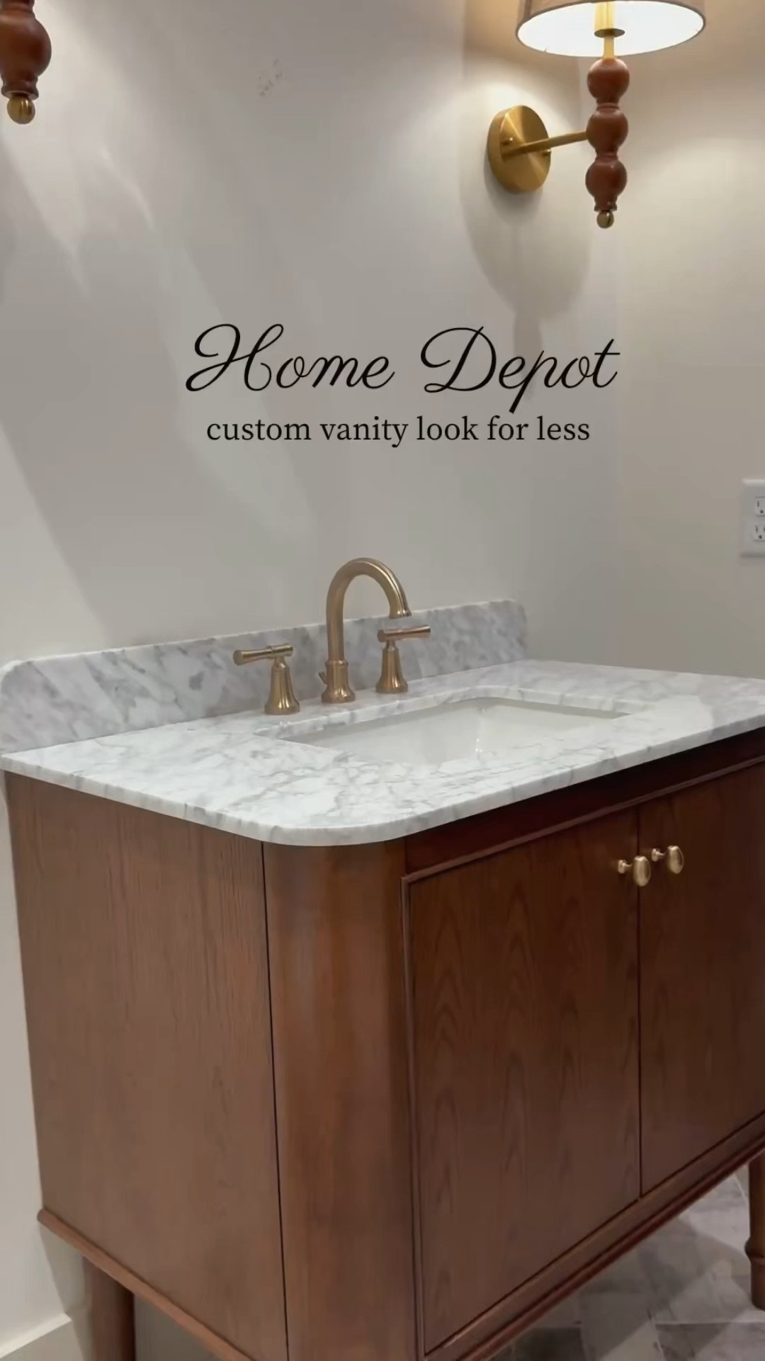Home Depot bathroom vanity | custom vanity | walnut vanity | delta champagne bronze | Wayfair | light fixtures | lighting | sconces | home decor | interior design 

#LTKHome