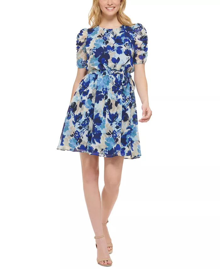 Petite Floral-Print Puff-Sleeve Dress | Macys (US)