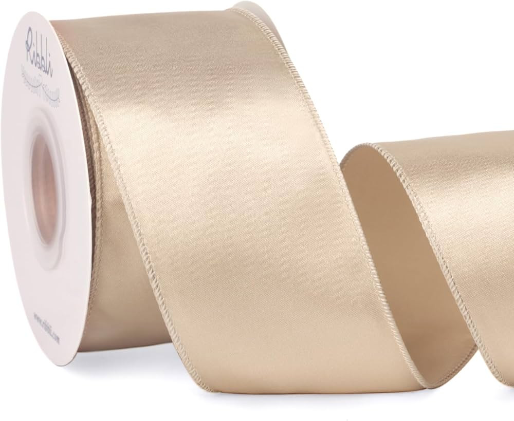 Ribbli Light Champagne Satin Wired Ribbon 2.5 Inch Champagne Christmas Ribbon for Gift Wrapping W... | Amazon (US)