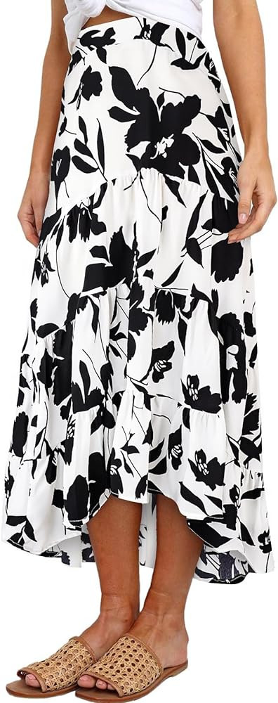 SimpleFun Women's Long Skirts Boho Floral Elastic High Waist Asymmetrical Hem Midi Skirt | Amazon (US)