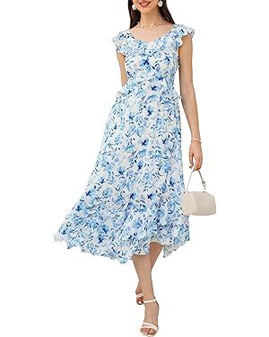 GRACE KARIN Women's 2024 Summer Floral Casual Sleeveless V Neck Ruffle Layered Beach A-Line Boho ... | Amazon (US)