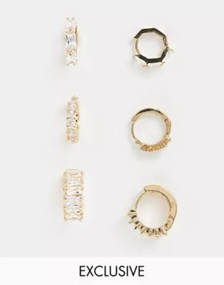 Reclaimed vintage inspired gold plated huggie hoop pack with crystal detail | ASOS (Global)