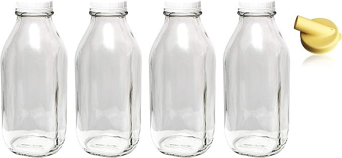 The Dairy Shoppe Heavy Glass Milk Bottles 33.8 Oz (1 Ltr) Jugs with Extra Lids & NEW Pour Spout! ... | Amazon (US)