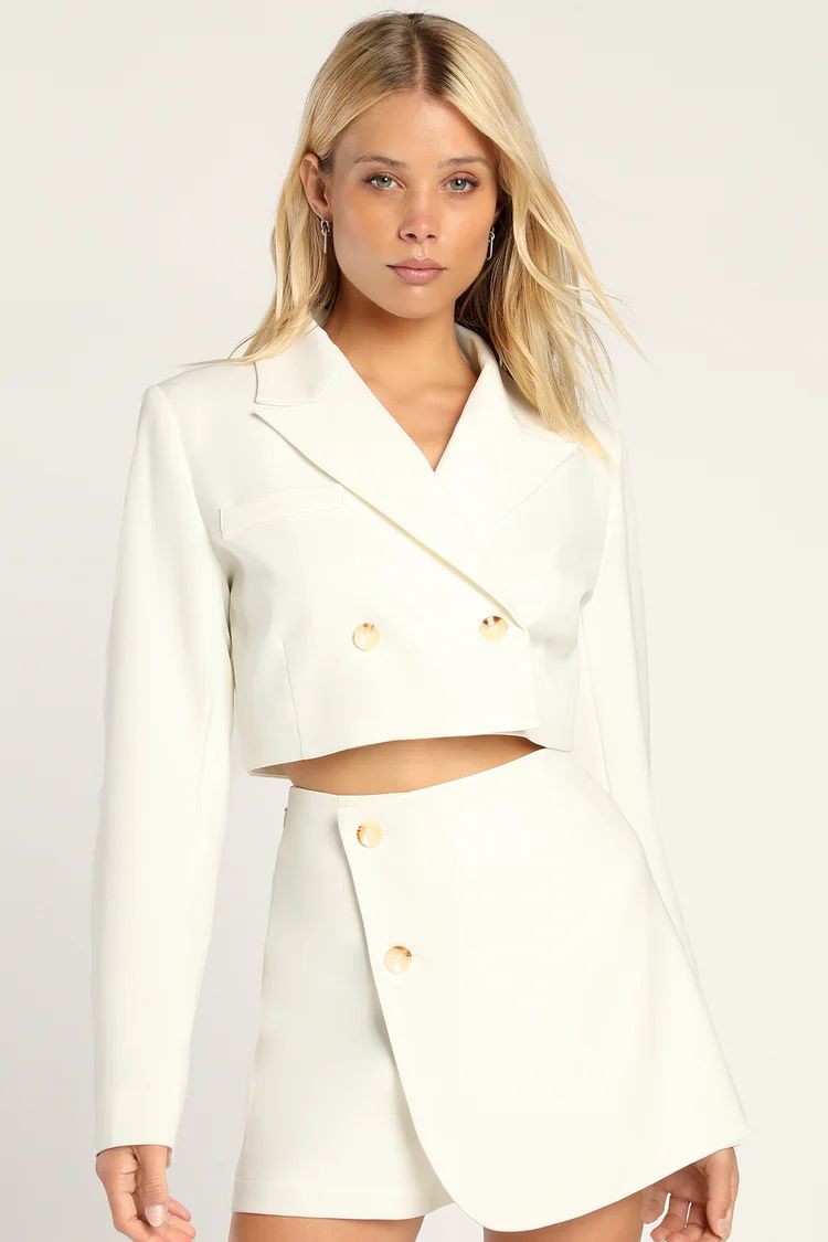 Suit 'Em Up White Double-Breasted Cropped Blazer | Lulus (US)