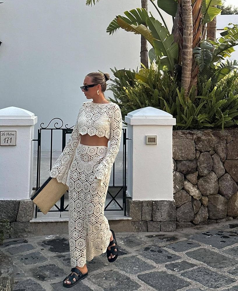 NIFTRIRY 2 Piece Sets for Women Long Sleeve Crochet Beach Cover Up and Casual Skirt Sets Women 2 Piece Outfits Beach Outfits | Amazon (US)