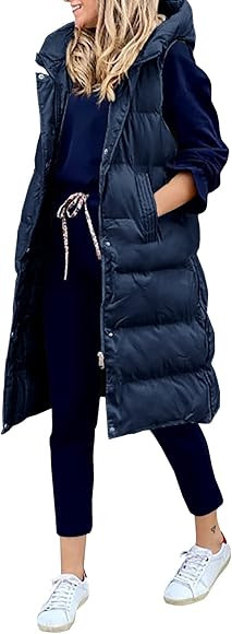 Women's Hooded Long Down Vest Full-Zip Sleeveless Puffer Vest Fashionable Coats Jacket | Amazon (US)