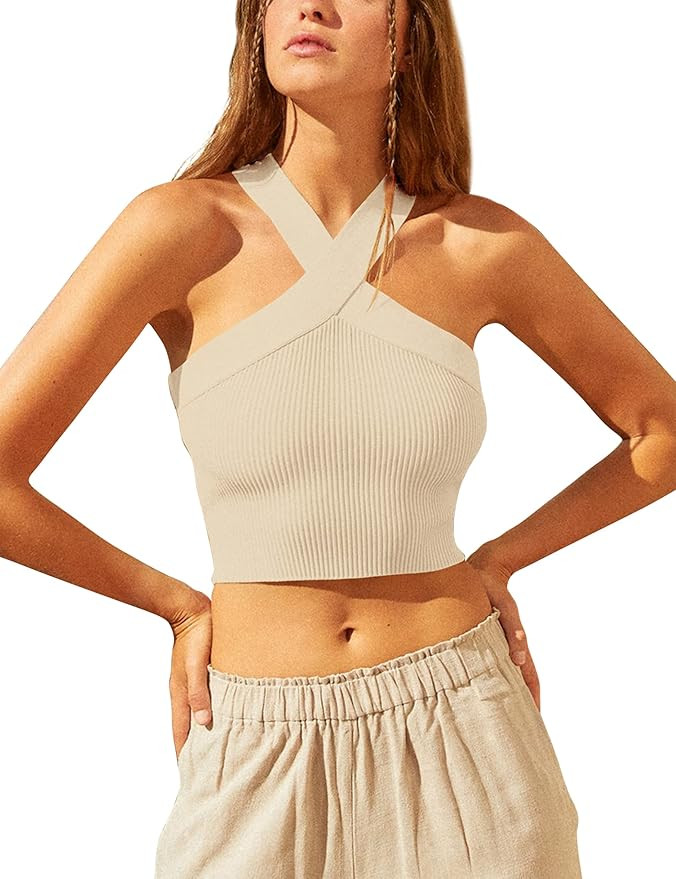 MISSACTIVER Women’s Sexy Crisscross Wrap Crop Halter Top Basic Sleeveless Rib-Knit Backless Cro... | Amazon (US)
