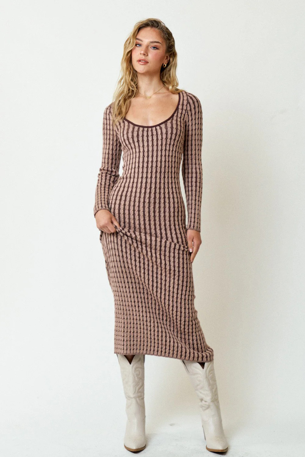 Brown Cable Knit Fitted Midi Dress | PinkBlush Maternity