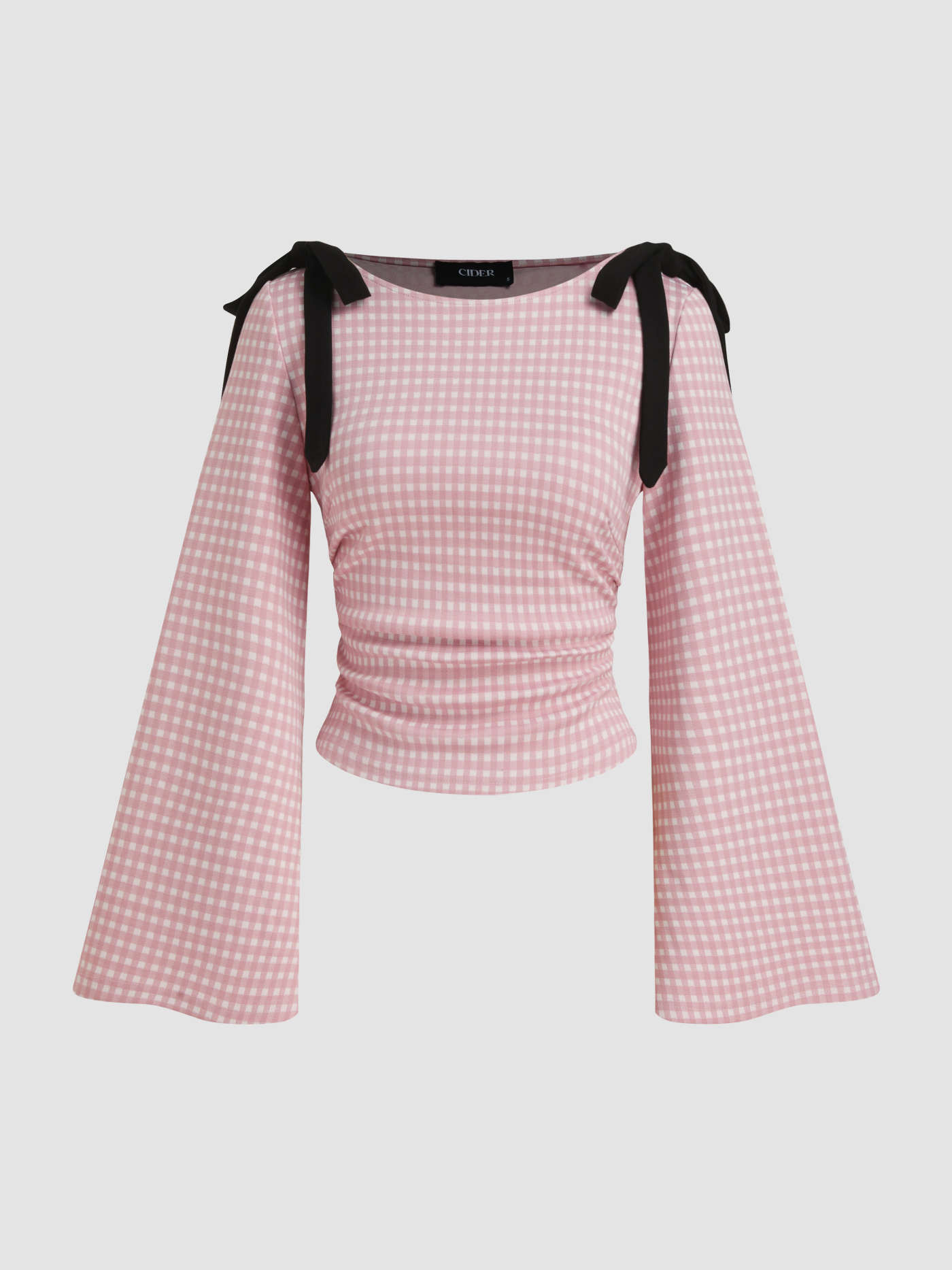 City Chic Knit Fabric Boat Neck Gingham Bowknot Ruched Long Sleeve Top For School | Cider