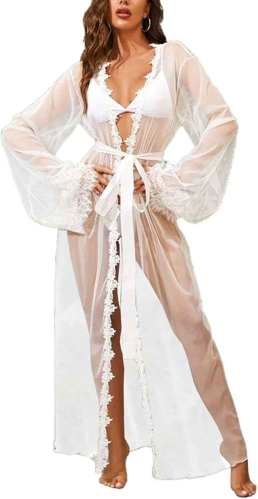 ROSVAJFY Women's Transparent Dressing Gown, Mesh Lace Cuffs Lightweight Summer Long Kimono Bathro... | Amazon (UK)