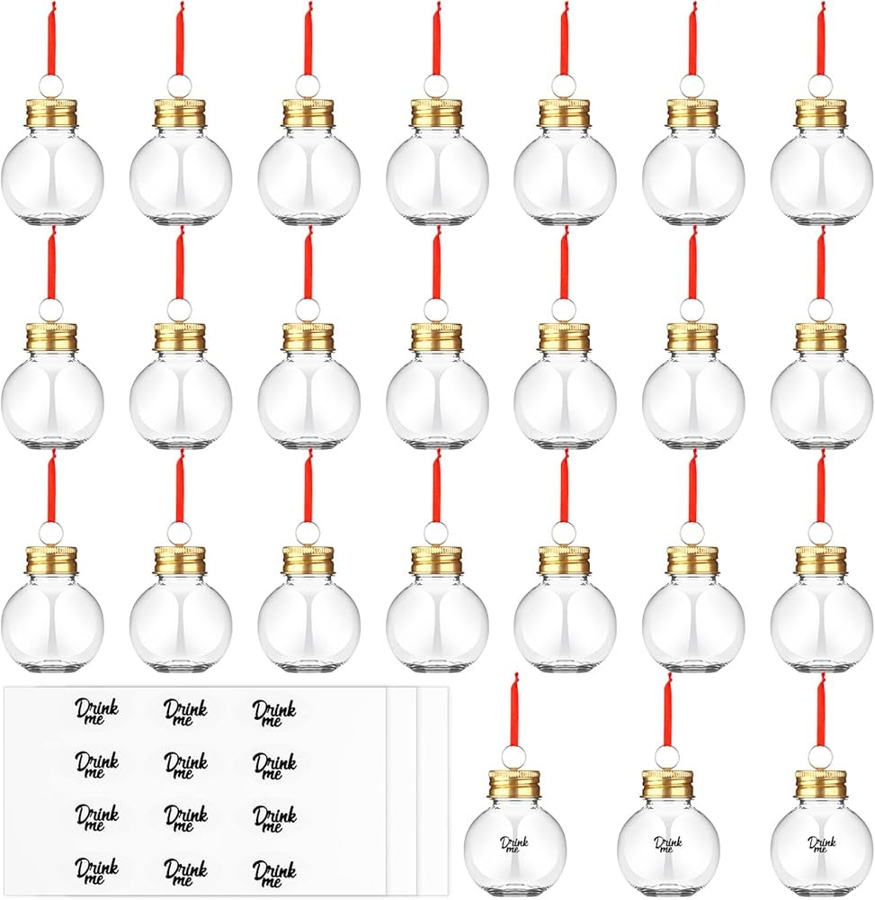 24 Pieces Christmas Booze Balls with Red Ribbon Xmas Fillable Booze Tree Ornaments Clear Plastic ... | Amazon (US)