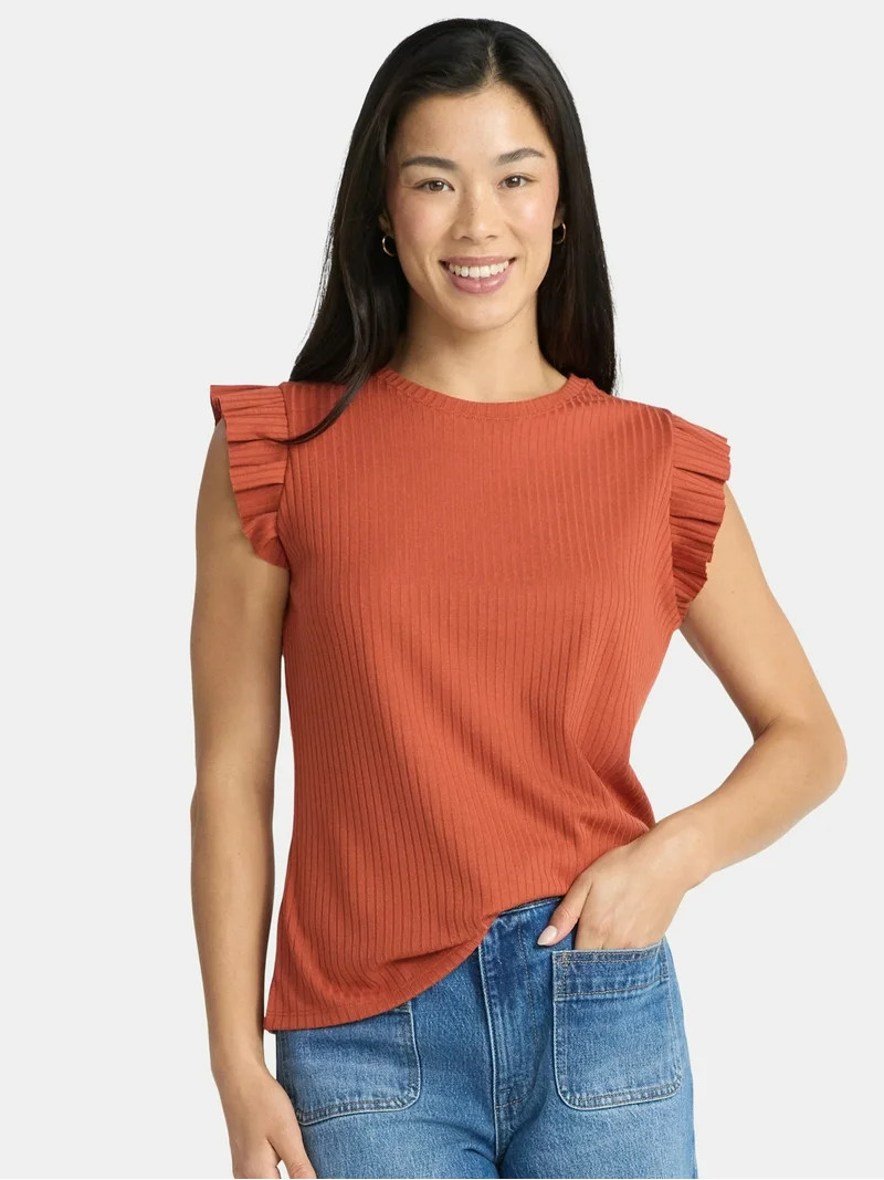 Time and Tru Women's Rib Ruffle Sleeve Top, Sizes XS-XXXL - Walmart.com | Walmart (US)