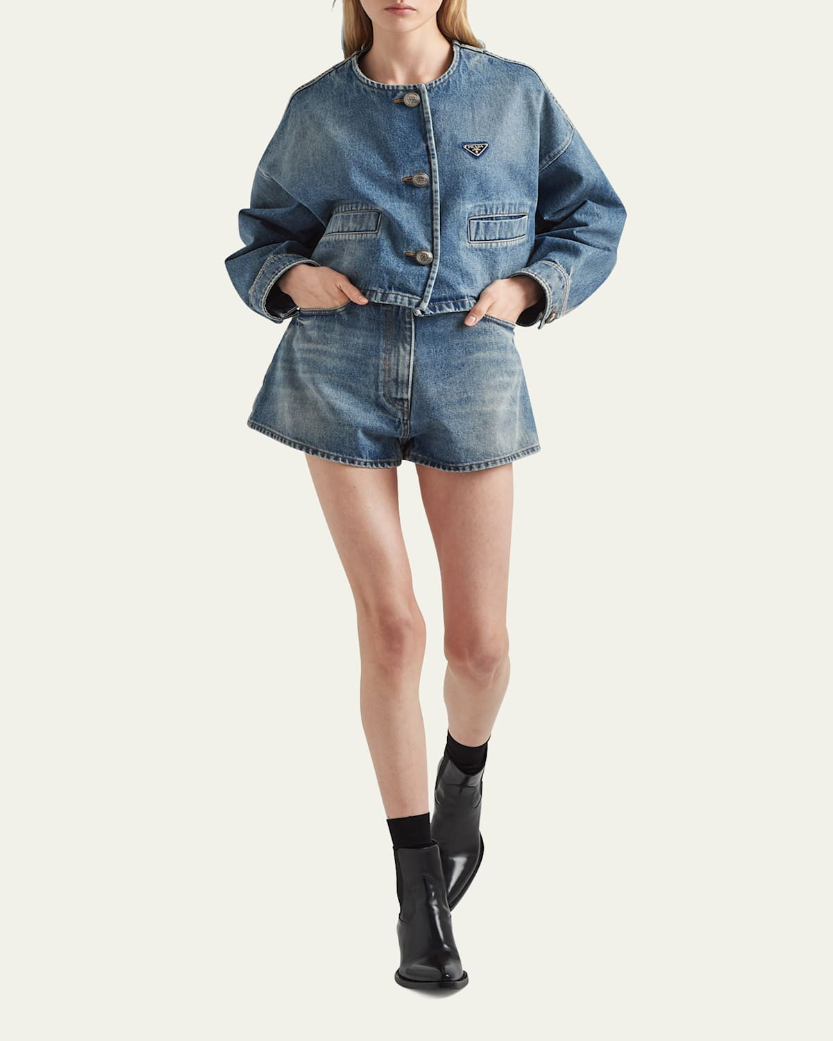 Crop Collarless Denim Jacket | Bergdorf Goodman