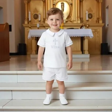 Boy Baptism Short outfit-White/Blue Piping Pima Cotton Short Set-Toddler Boy Short Outfit-Monogrammed Baptism outfits-boys short outfit | Etsy (Global)