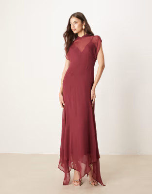 ASOS DESIGN Tall high neck hanky hem chiffon maxi dress in dark cherry | ASOS | ASOS (Global)