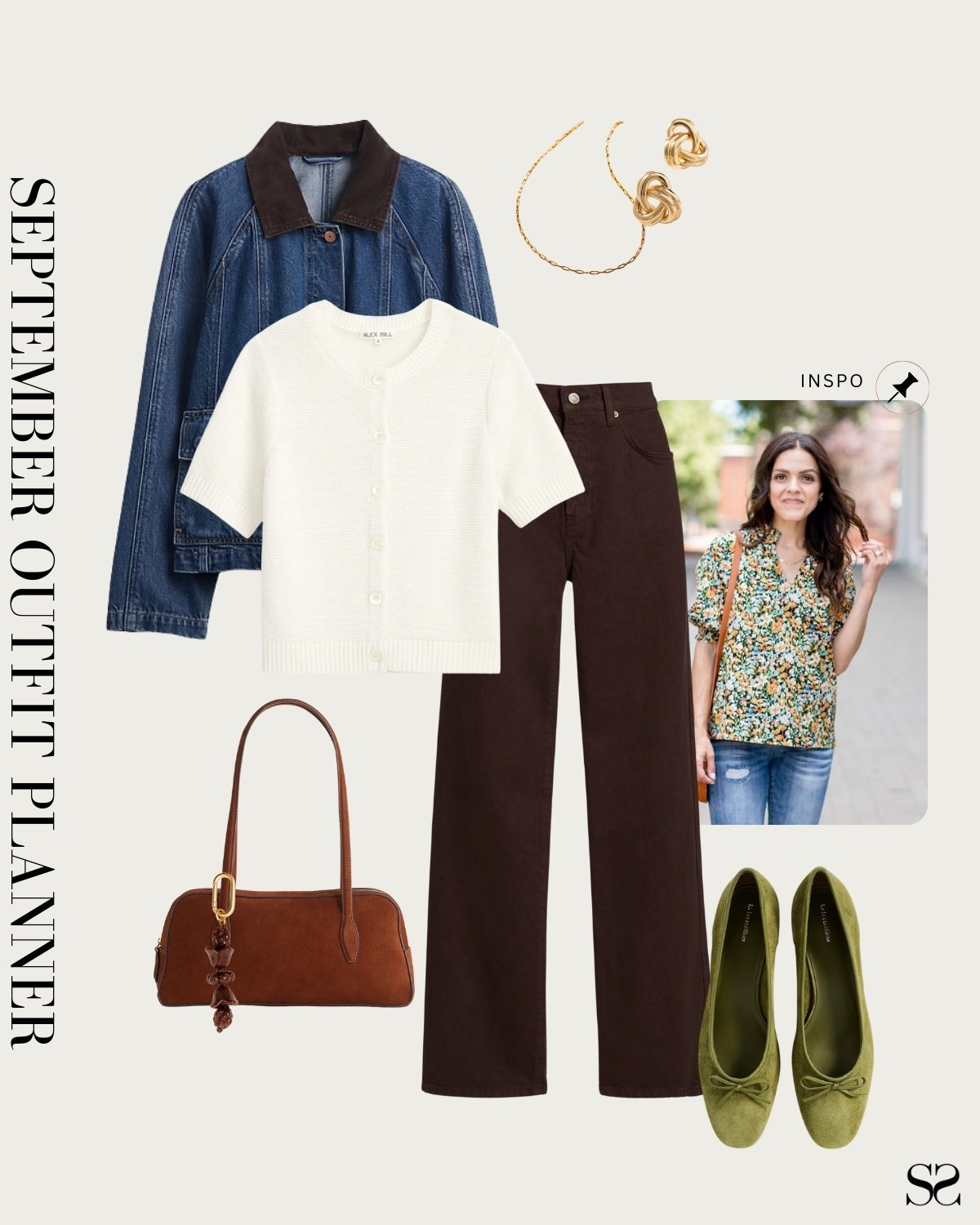 Monthly outfit planner SEPTEMBER: Summer to Fall outfits | chocolate brown pant, short sleeve cardigan sweater, barn jacket, denim jacket, handbag, green ballet flats 

#summertofall #transitionalstyle #falloutfit #classicstyle #fallcolors #casualstyle


#LTKWorkwear #LTKStyleTip