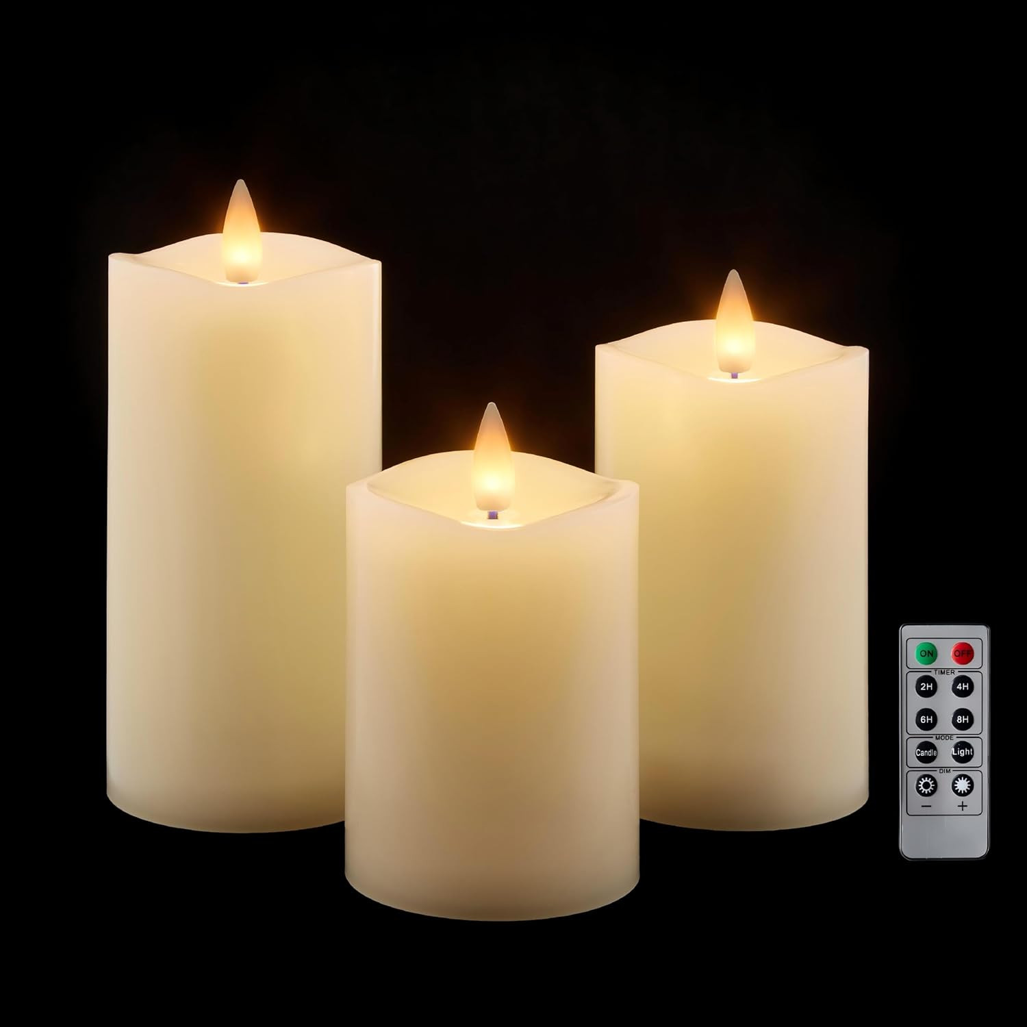Flameless Pillar Candles Flickering with Remote Timer, Battery Operated LED Candles Up to 400 Hours, 3D Moving Flame Real Wax Candles. (Ivory Melted Top) | Amazon (US)