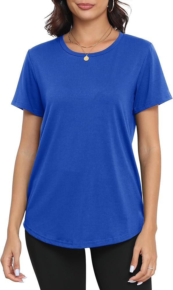 PRIMODA Womens Loose Fit Shirts Casual Short Sleeve Summer Flowy Tunic Tops Plain Long T Shirts | Amazon (US)