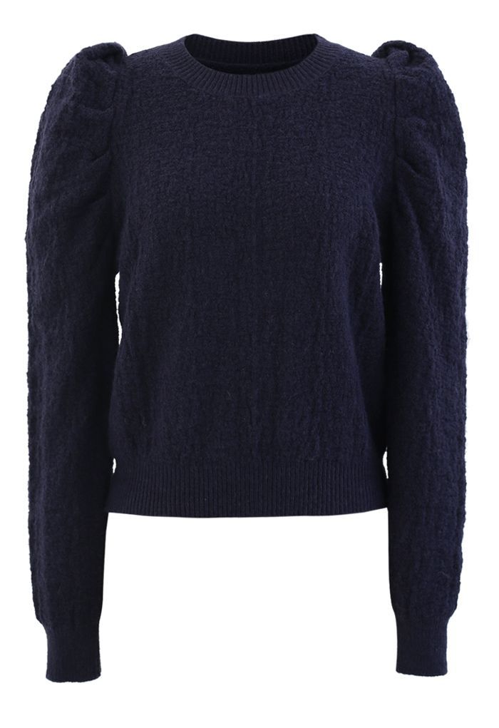 Puff-Shoulder Texture Knit Sweater in Navy | Chicwish